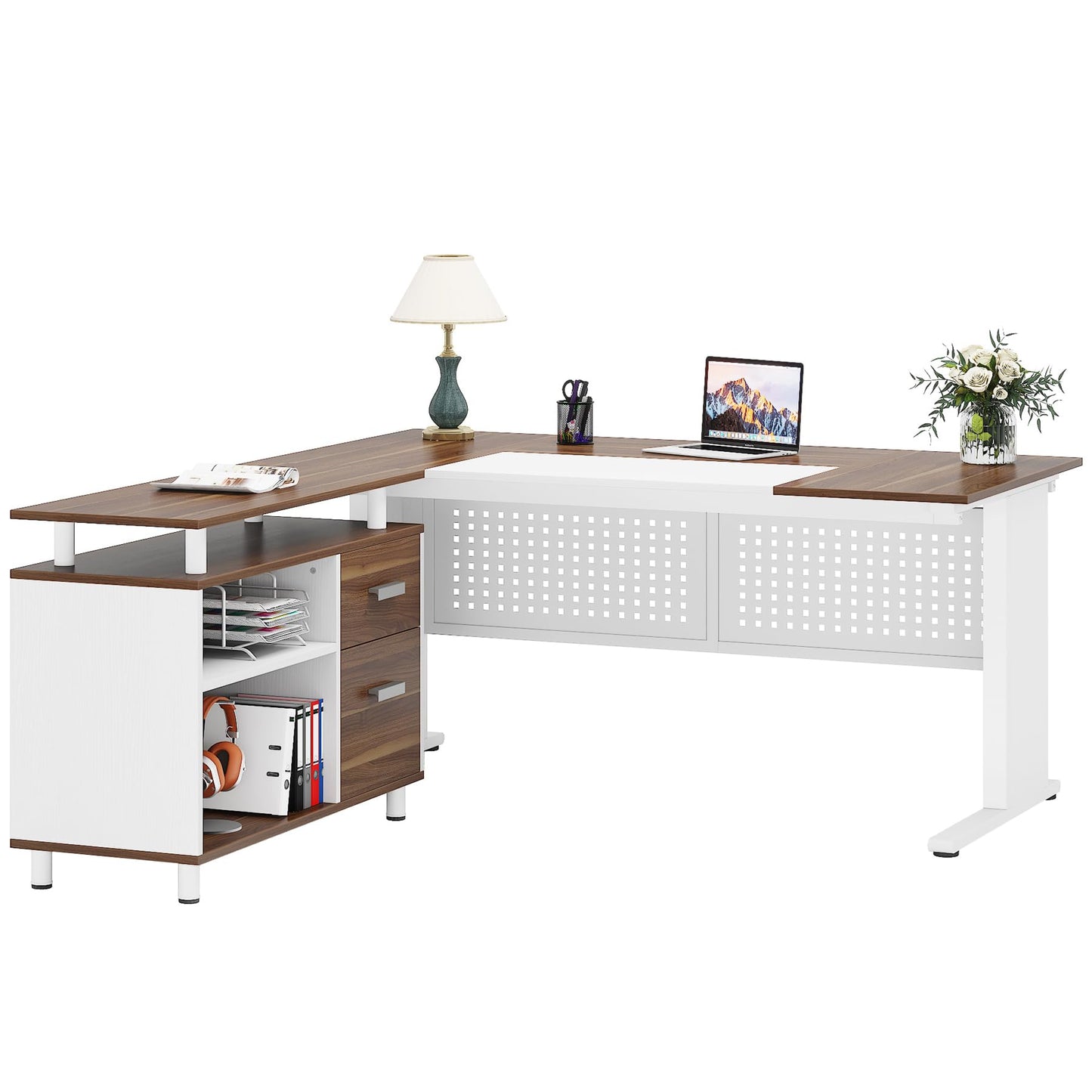 Tribesigns 63 Inch Executive Desk with File Cabinet, Large Office Desk L Shaped Computer Desk with Drawers and Storage Shelves, Business Furniture Desk Workstation for Home Office, Brown and Black