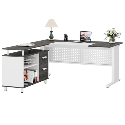 Tribesigns 63 Inch Executive Desk with File Cabinet, Large Office Desk L Shaped Computer Desk with Drawers and Storage Shelves, Business Furniture Desk Workstation for Home Office, Brown and Black