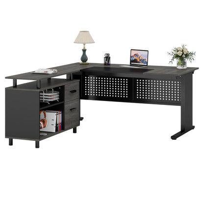Tribesigns 63 Inch Executive Desk with File Cabinet, Large Office Desk L Shaped Computer Desk with Drawers and Storage Shelves, Business Furniture Desk Workstation for Home Office, Brown and Black