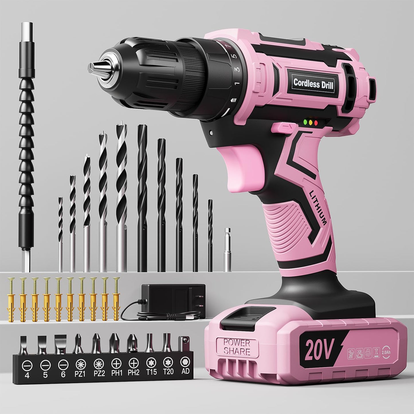 Cordless Drill Set, VIWKO 20V Power Drill with Power Pack 2.0Ah and Charger, 3/8-Inch Keyless Chuck Electric drill, 25+1 Position, 42pcs Drilldriver Bits/Screws for DIY Projects (Orange)