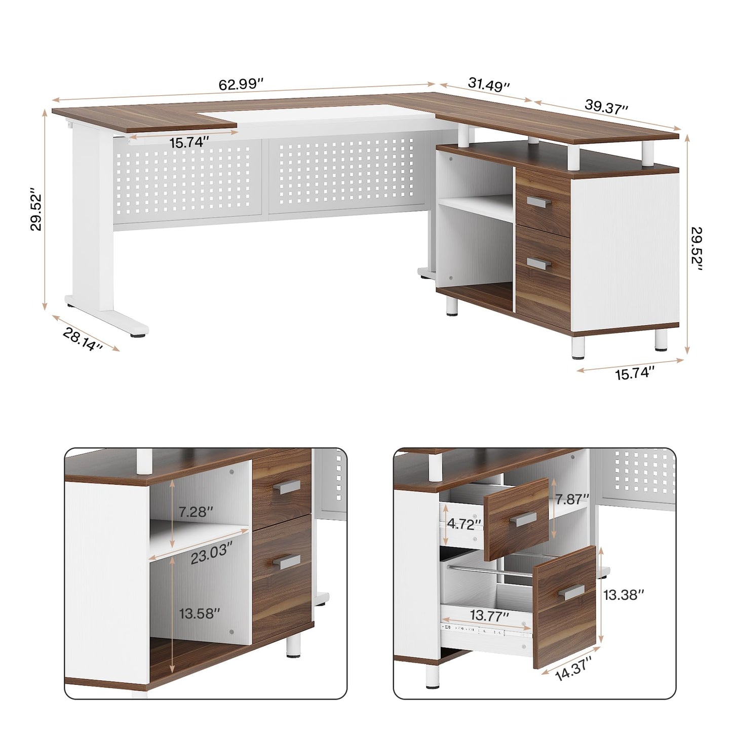 Tribesigns 63 Inch Executive Desk with File Cabinet, Large Office Desk L Shaped Computer Desk with Drawers and Storage Shelves, Business Furniture Desk Workstation for Home Office, Brown and Black