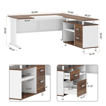 Tribesigns 63 Inch Executive Desk with File Cabinet, Large Office Desk L Shaped Computer Desk with Drawers and Storage Shelves, Business Furniture Desk Workstation for Home Office, Brown and Black