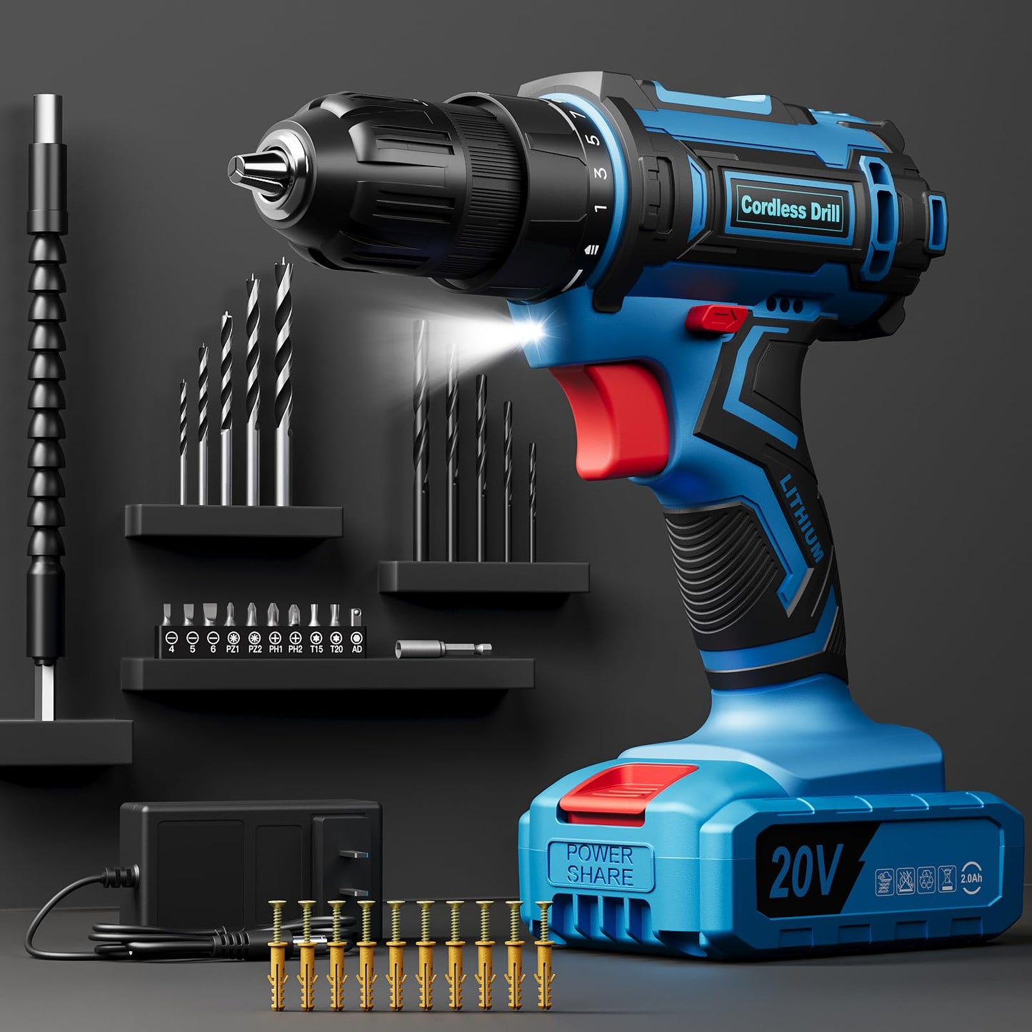 Cordless Drill Set, VIWKO 20V Power Drill with Power Pack 2.0Ah and Charger, 3/8-Inch Keyless Chuck Electric drill, 25+1 Position, 42pcs Drilldriver Bits/Screws for DIY Projects (Orange)