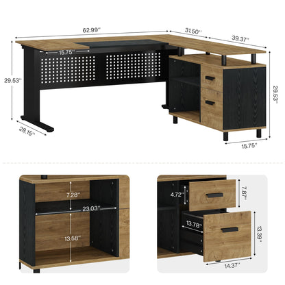 Tribesigns 63 Inch Executive Desk with File Cabinet, Large Office Desk L Shaped Computer Desk with Drawers and Storage Shelves, Business Furniture Desk Workstation for Home Office, Brown and Black