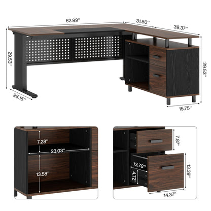 Tribesigns 63 Inch Executive Desk with File Cabinet, Large Office Desk L Shaped Computer Desk with Drawers and Storage Shelves, Business Furniture Desk Workstation for Home Office, Brown and Black