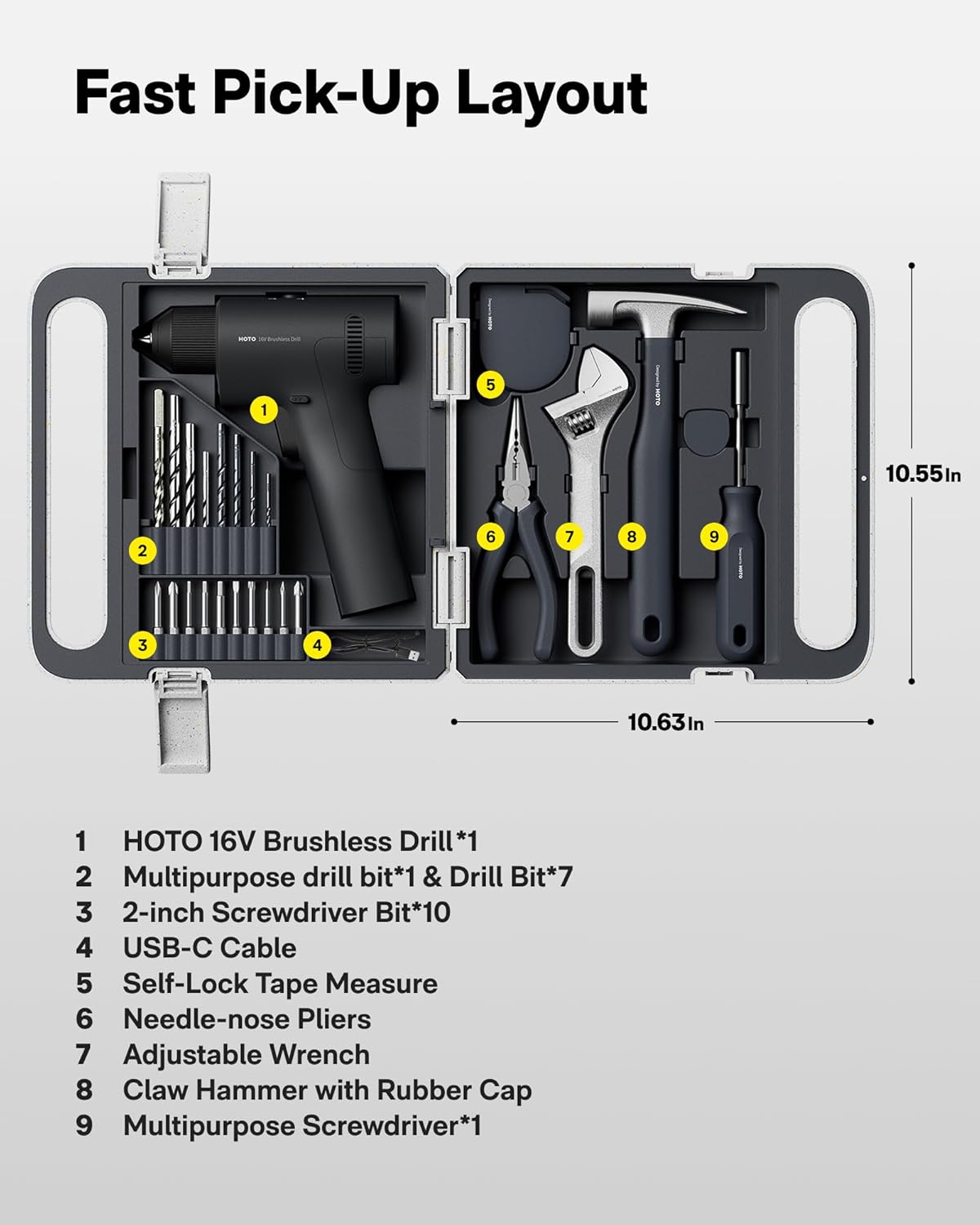 HOTO 25PCS Household Tool Kit with 16V Brushless Drill, 3/8” Keyless Chuck, Smart Display, 50 N·m Torque, 32 Torque Settings, LED Light, Includes Hammer, Wrench, Pliers, 8 x Drill Bits, 10 x Bits