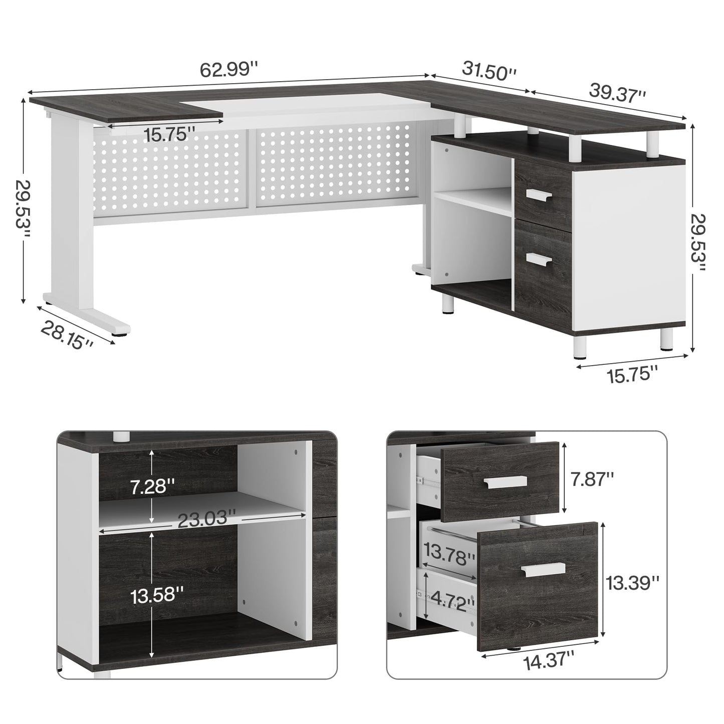 Tribesigns 63 Inch Executive Desk with File Cabinet, Large Office Desk L Shaped Computer Desk with Drawers and Storage Shelves, Business Furniture Desk Workstation for Home Office, Brown and Black
