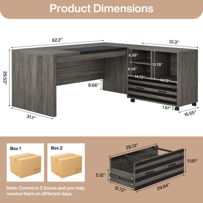 Tribesigns 62.2" Executive Desk with Mobile File Cabinet, L-Shaped Office Desk with Storage Shelves, Large Computer Workstation for Home Office, Light Brown