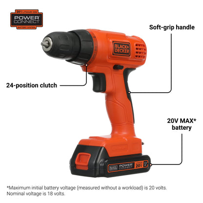 BLACK+DECKER 20V MAX* POWERCONNECT Cordless Drill Driver Kit with Drill Bit Set and Sockets, 100 pc. Tool Kit for Home, Battery and Charger Included ,Orange (BDC120VA100)