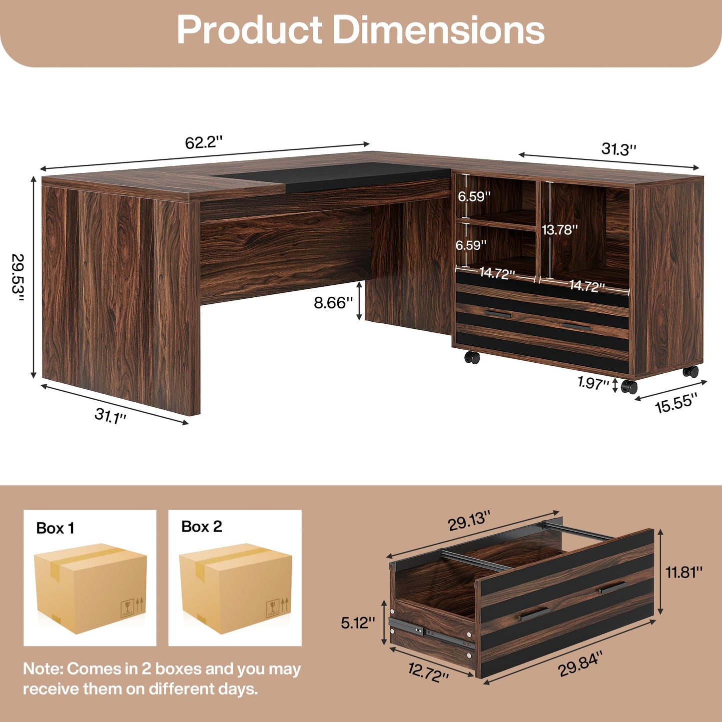 Tribesigns 62.2" Executive Desk with Mobile File Cabinet, L-Shaped Office Desk with Storage Shelves, Large Computer Workstation for Home Office, Light Brown