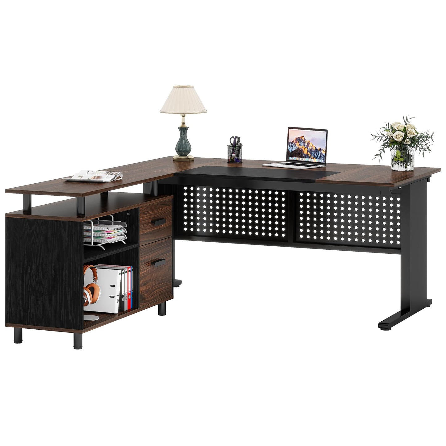 Tribesigns 63 Inch Executive Desk with File Cabinet, Large Office Desk L Shaped Computer Desk with Drawers and Storage Shelves, Business Furniture Desk Workstation for Home Office, Brown and Black