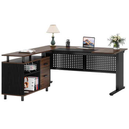 Tribesigns 63 Inch Executive Desk with File Cabinet, Large Office Desk L Shaped Computer Desk with Drawers and Storage Shelves, Business Furniture Desk Workstation for Home Office, Brown and Black