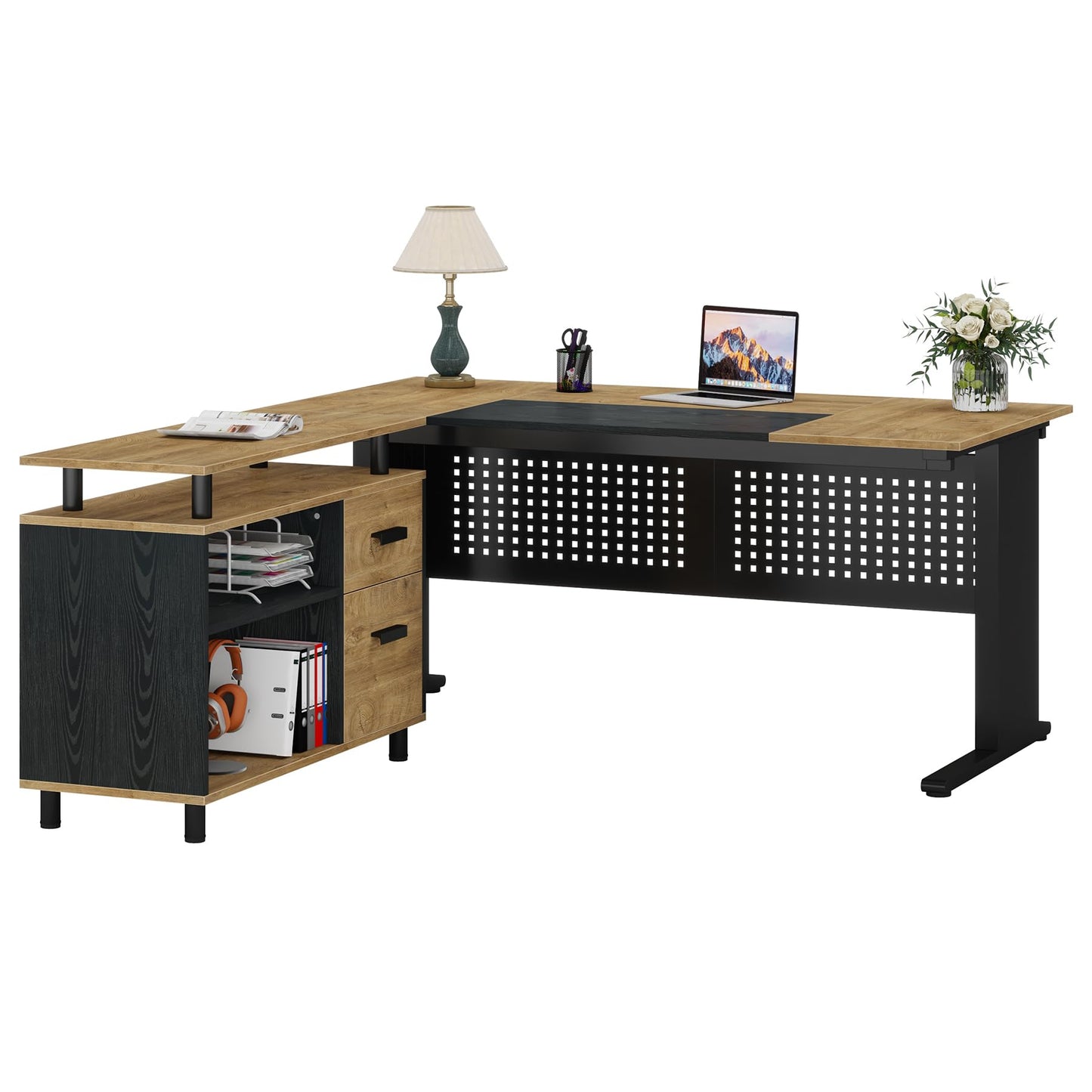 Tribesigns 63 Inch Executive Desk with File Cabinet, Large Office Desk L Shaped Computer Desk with Drawers and Storage Shelves, Business Furniture Desk Workstation for Home Office, Brown and Black