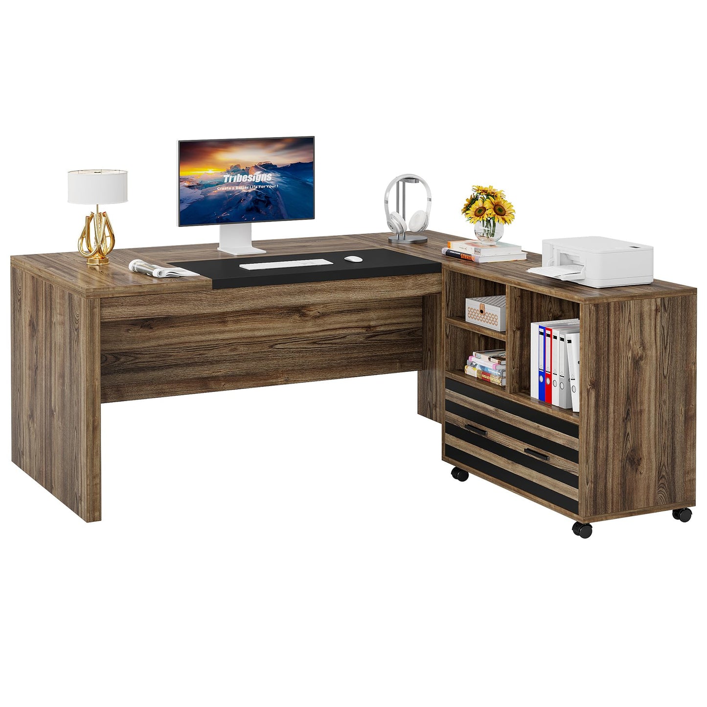 Tribesigns 62.2" Executive Desk with Mobile File Cabinet, L-Shaped Office Desk with Storage Shelves, Large Computer Workstation for Home Office, Light Brown