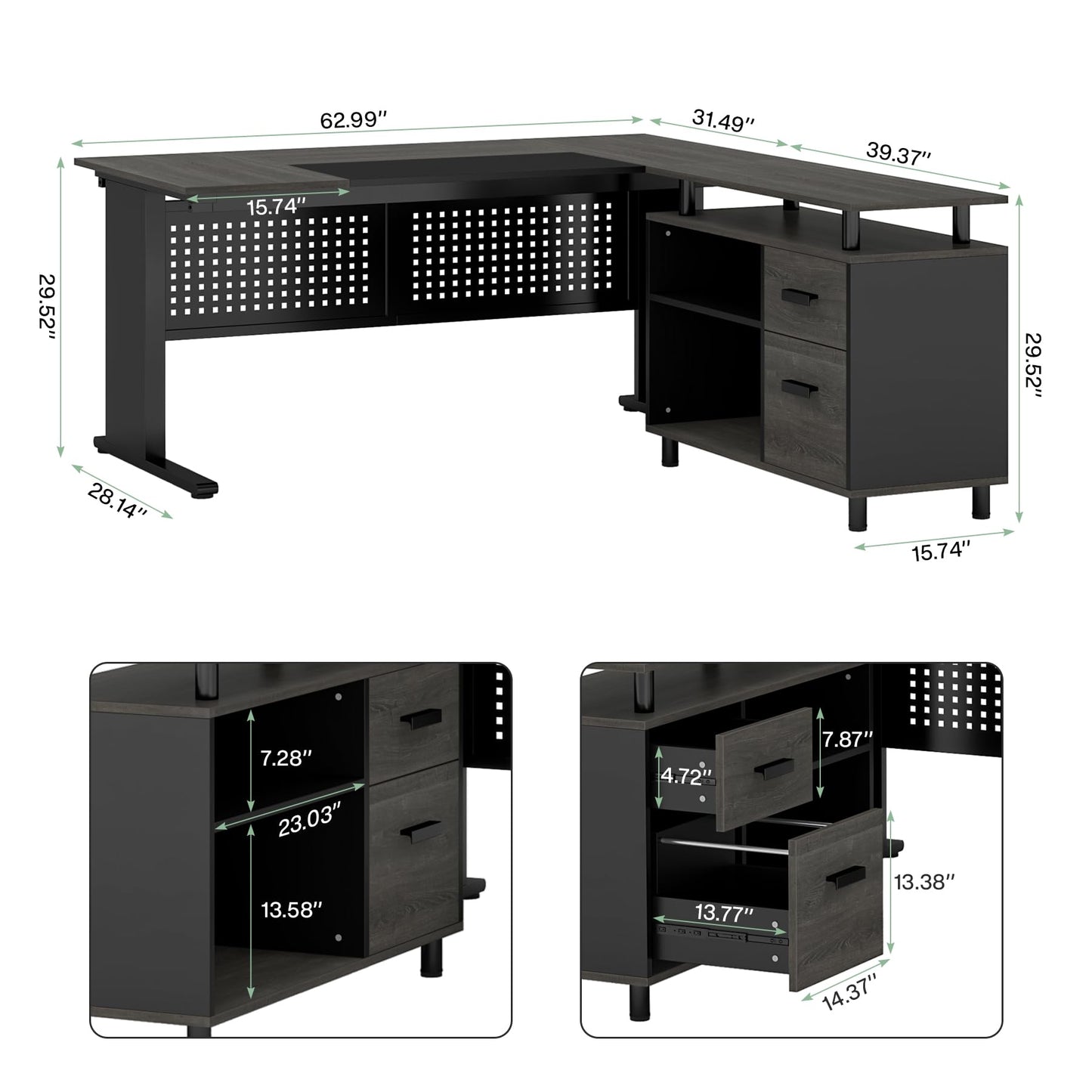 Tribesigns 63 Inch Executive Desk with File Cabinet, Large Office Desk L Shaped Computer Desk with Drawers and Storage Shelves, Business Furniture Desk Workstation for Home Office, Brown and Black