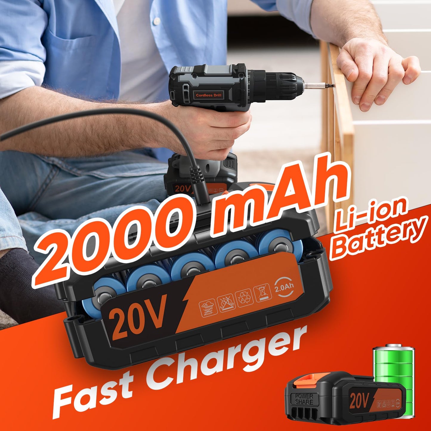 Cordless Drill Set, VIWKO 20V Power Drill with Power Pack 2.0Ah and Charger, 3/8-Inch Keyless Chuck Electric drill, 25+1 Position, 42pcs Drilldriver Bits/Screws for DIY Projects (Orange)