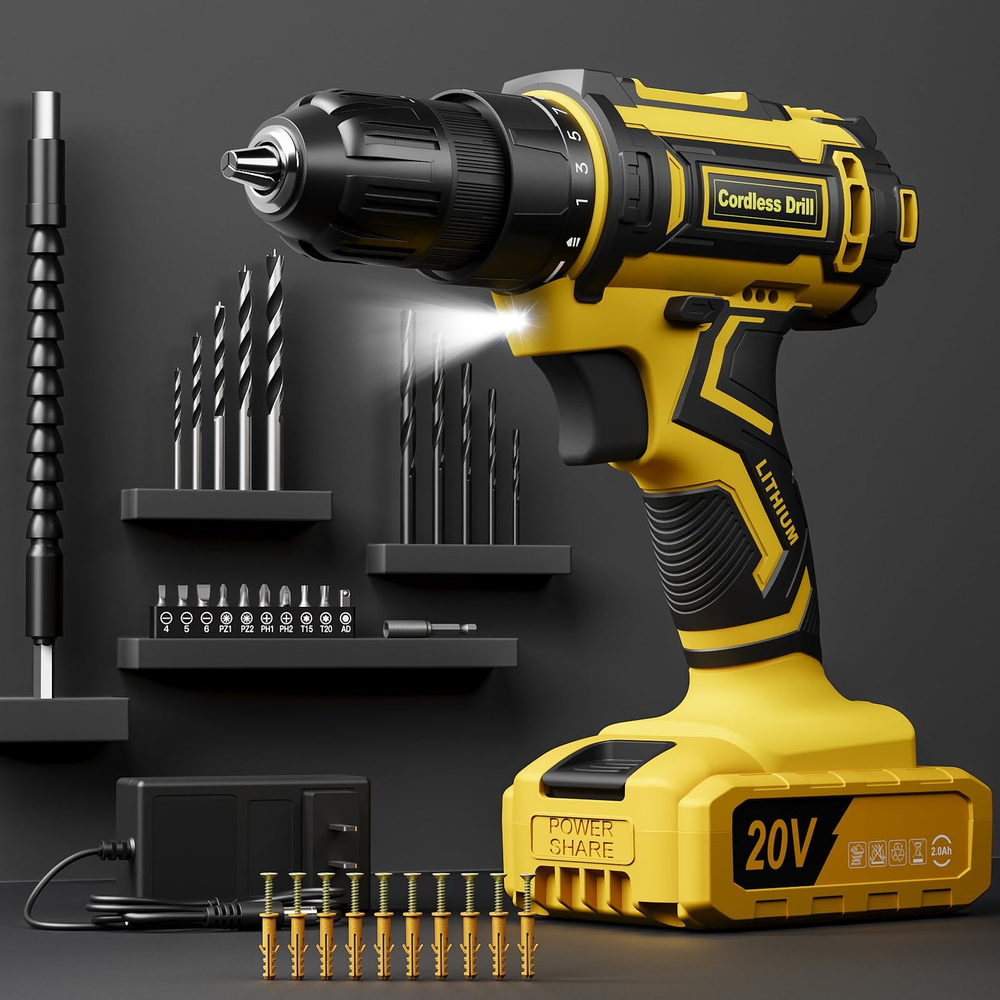 Cordless Drill Set, VIWKO 20V Power Drill with Power Pack 2.0Ah and Charger, 3/8-Inch Keyless Chuck Electric drill, 25+1 Position, 42pcs Drilldriver Bits/Screws for DIY Projects (Orange)