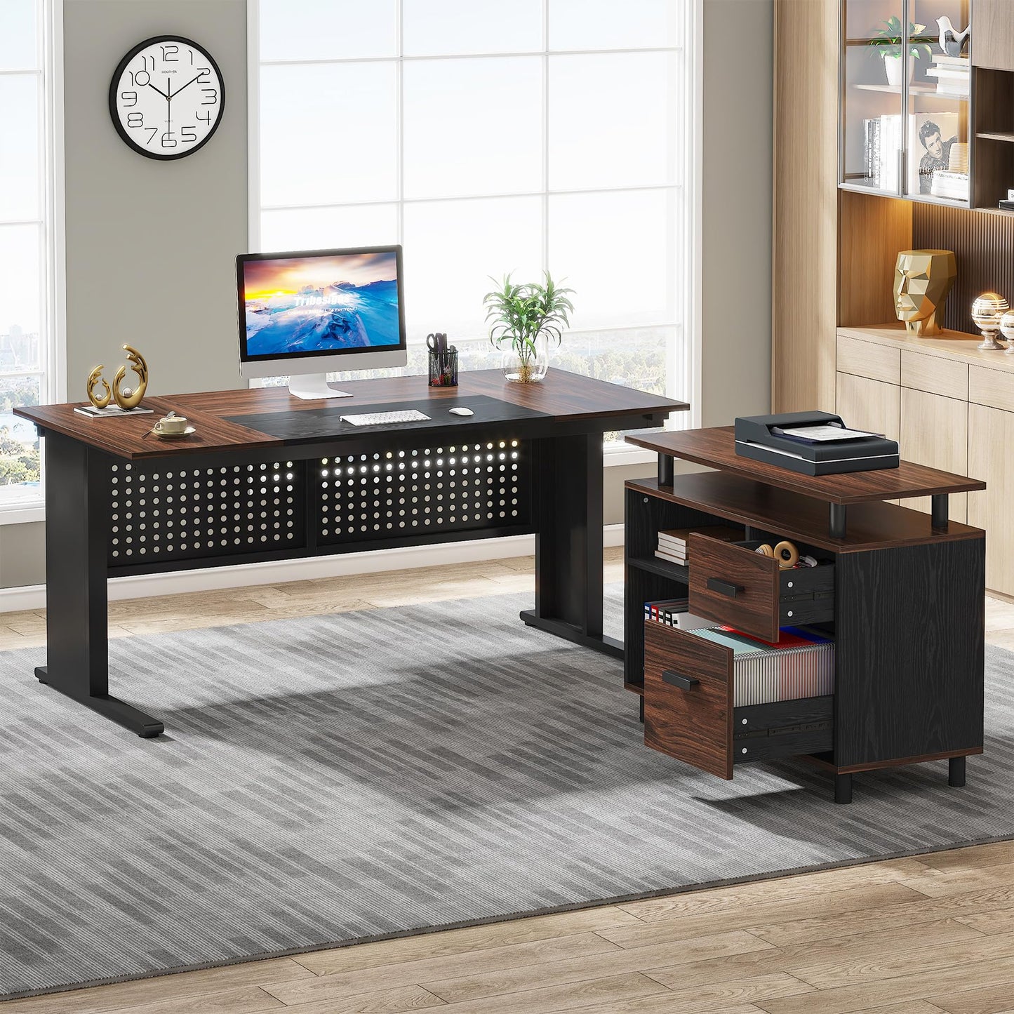 Tribesigns 63 Inch Executive Desk with File Cabinet, Large Office Desk L Shaped Computer Desk with Drawers and Storage Shelves, Business Furniture Desk Workstation for Home Office, Brown and Black
