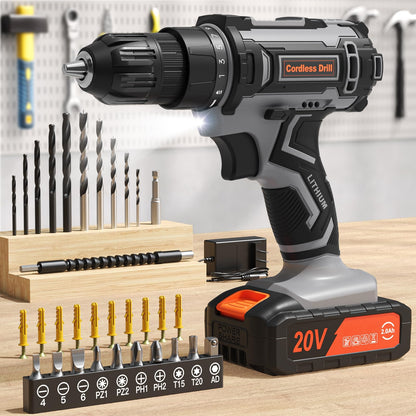 Cordless Drill Set, VIWKO 20V Power Drill with Power Pack 2.0Ah and Charger, 3/8-Inch Keyless Chuck Electric drill, 25+1 Position, 42pcs Drilldriver Bits/Screws for DIY Projects (Orange)