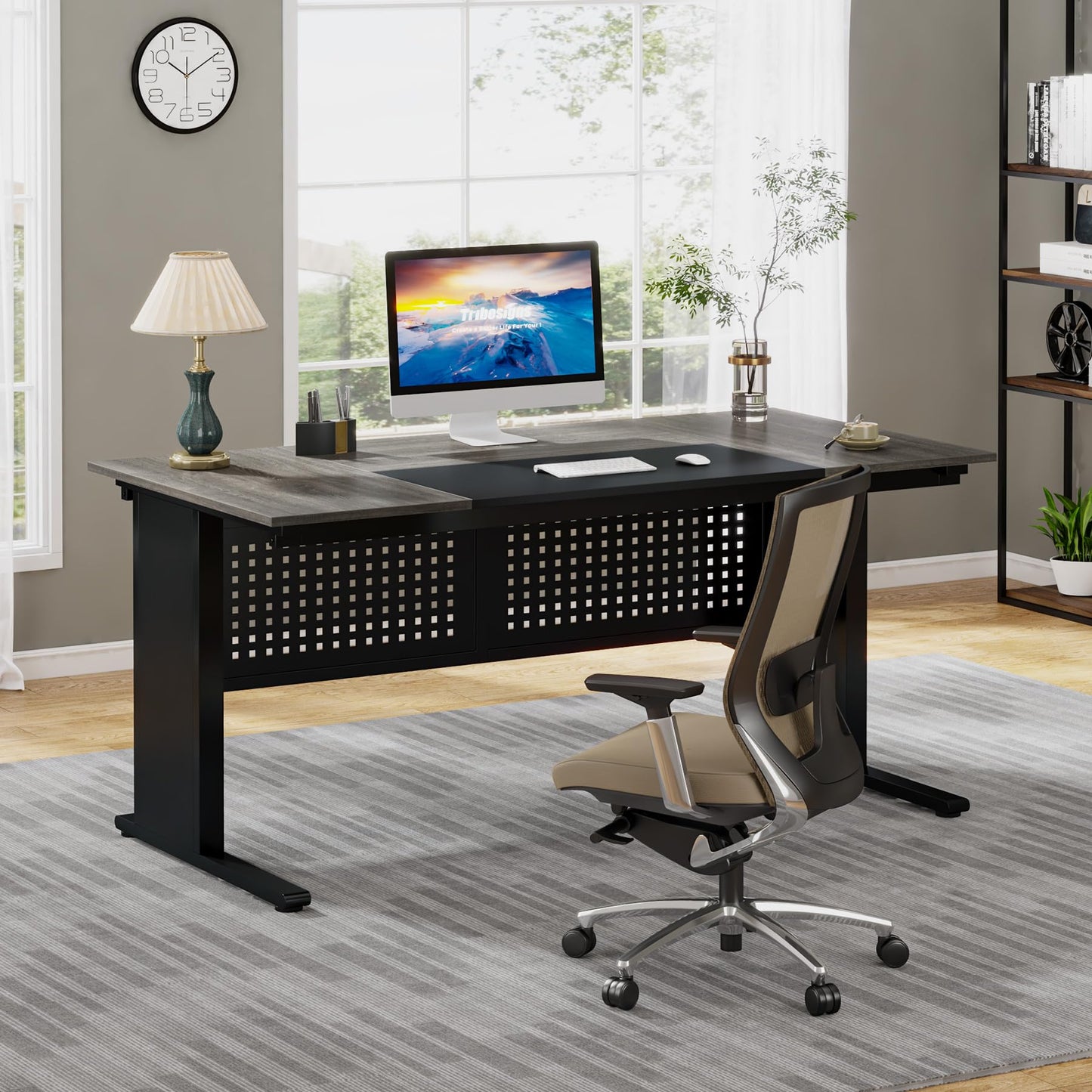 Tribesigns 63 Inch Executive Desk with File Cabinet, Large Office Desk L Shaped Computer Desk with Drawers and Storage Shelves, Business Furniture Desk Workstation for Home Office, Brown and Black