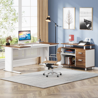 Tribesigns 63 Inch Executive Desk with File Cabinet, Large Office Desk L Shaped Computer Desk with Drawers and Storage Shelves, Business Furniture Desk Workstation for Home Office, Brown and Black