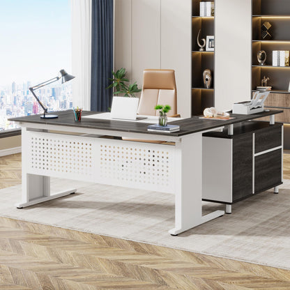 Tribesigns 63 Inch Executive Desk with File Cabinet, Large Office Desk L Shaped Computer Desk with Drawers and Storage Shelves, Business Furniture Desk Workstation for Home Office, Brown and Black