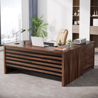 Tribesigns 62.2" Executive Desk with Mobile File Cabinet, L-Shaped Office Desk with Storage Shelves, Large Computer Workstation for Home Office, Light Brown
