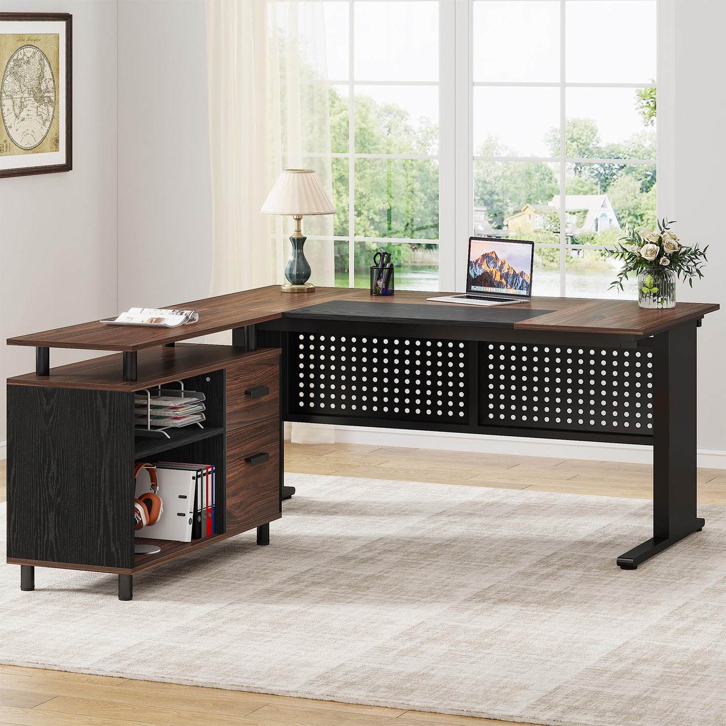 Tribesigns 63 Inch Executive Desk with File Cabinet, Large Office Desk L Shaped Computer Desk with Drawers and Storage Shelves, Business Furniture Desk Workstation for Home Office, Brown and Black