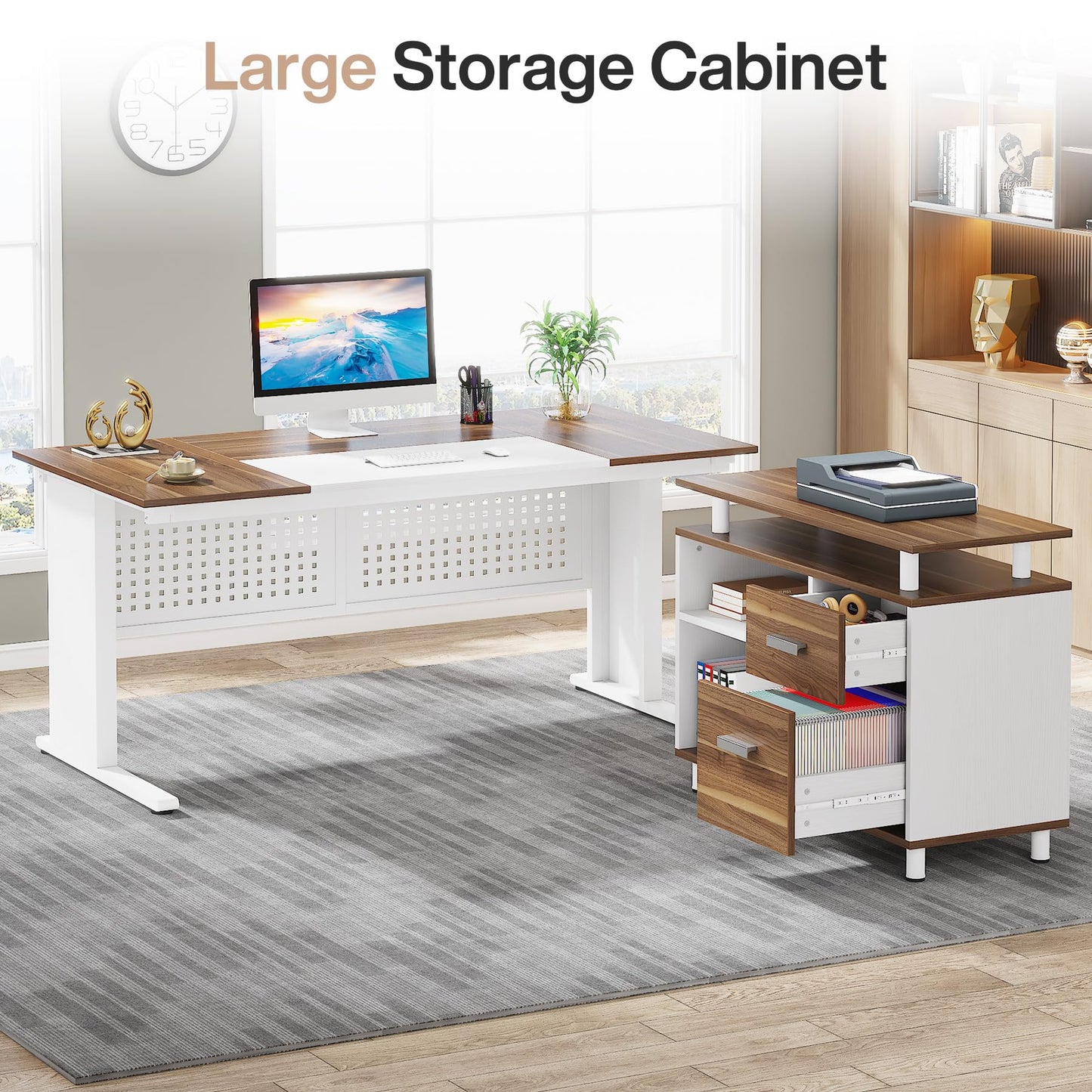 Tribesigns 63 Inch Executive Desk with File Cabinet, Large Office Desk L Shaped Computer Desk with Drawers and Storage Shelves, Business Furniture Desk Workstation for Home Office, Brown and Black