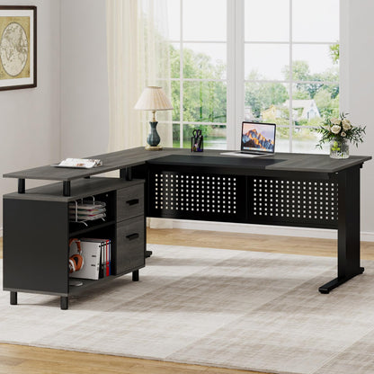 Tribesigns 63 Inch Executive Desk with File Cabinet, Large Office Desk L Shaped Computer Desk with Drawers and Storage Shelves, Business Furniture Desk Workstation for Home Office, Brown and Black