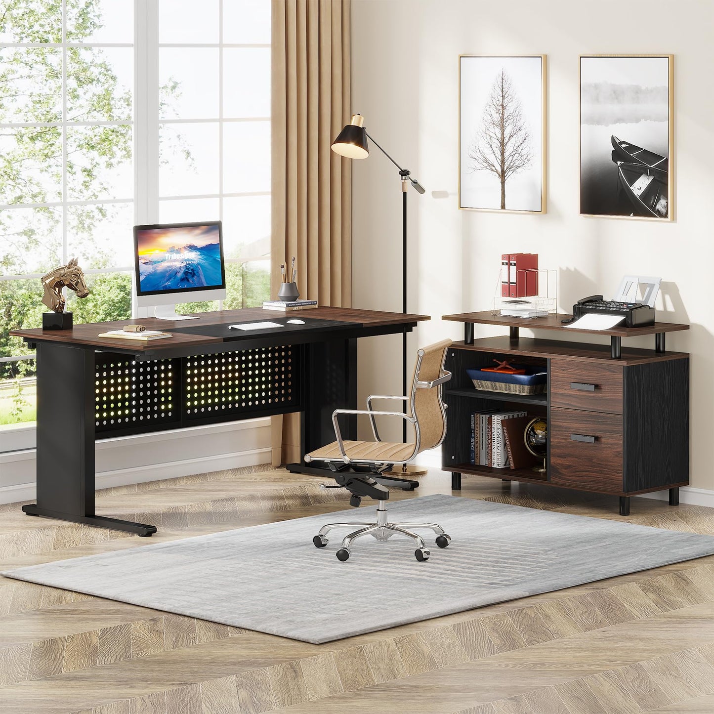 Tribesigns 63 Inch Executive Desk with File Cabinet, Large Office Desk L Shaped Computer Desk with Drawers and Storage Shelves, Business Furniture Desk Workstation for Home Office, Brown and Black