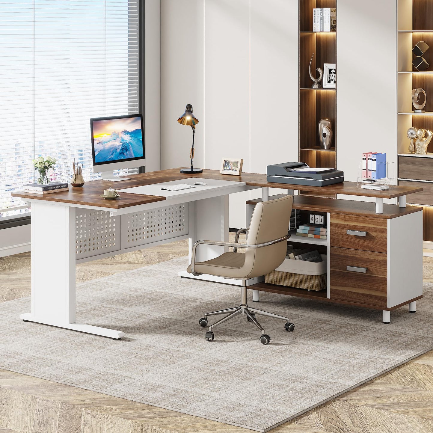 Tribesigns 63 Inch Executive Desk with File Cabinet, Large Office Desk L Shaped Computer Desk with Drawers and Storage Shelves, Business Furniture Desk Workstation for Home Office, Brown and Black