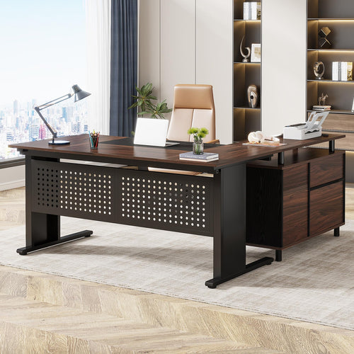Tribesigns 63 Inch Executive Desk with File Cabinet, Large Office Desk L Shaped Computer Desk with Drawers and Storage Shelves, Business Furniture Desk Workstation for Home Office, Brown and Black