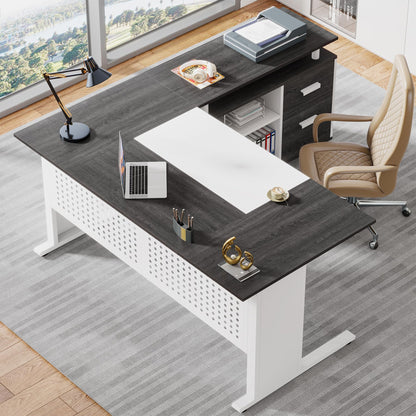 Tribesigns 63 Inch Executive Desk with File Cabinet, Large Office Desk L Shaped Computer Desk with Drawers and Storage Shelves, Business Furniture Desk Workstation for Home Office, Brown and Black