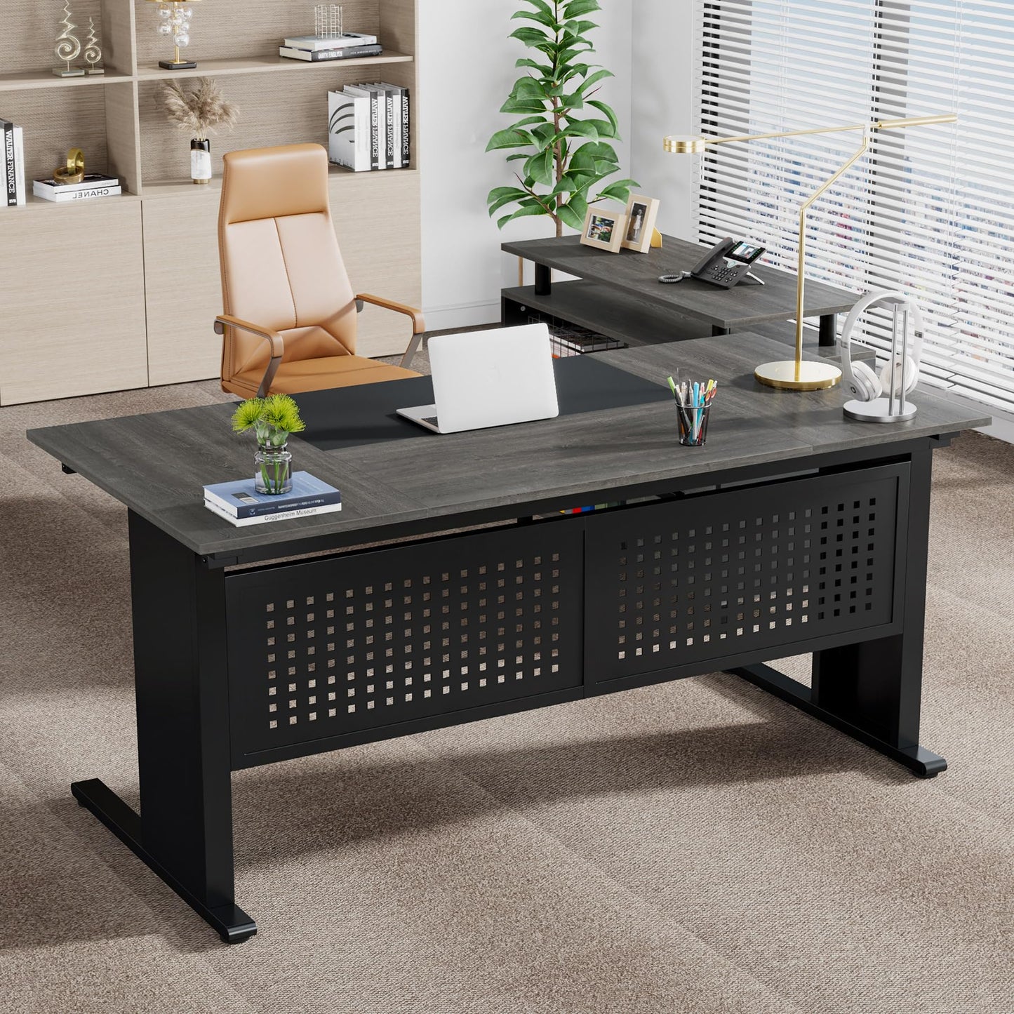 Tribesigns 63 Inch Executive Desk with File Cabinet, Large Office Desk L Shaped Computer Desk with Drawers and Storage Shelves, Business Furniture Desk Workstation for Home Office, Brown and Black