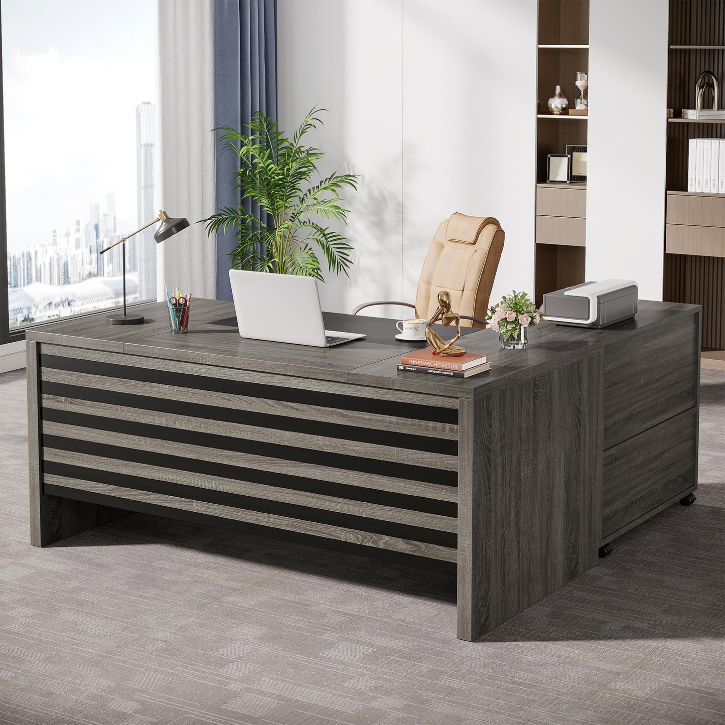 Tribesigns 62.2" Executive Desk with Mobile File Cabinet, L-Shaped Office Desk with Storage Shelves, Large Computer Workstation for Home Office, Light Brown