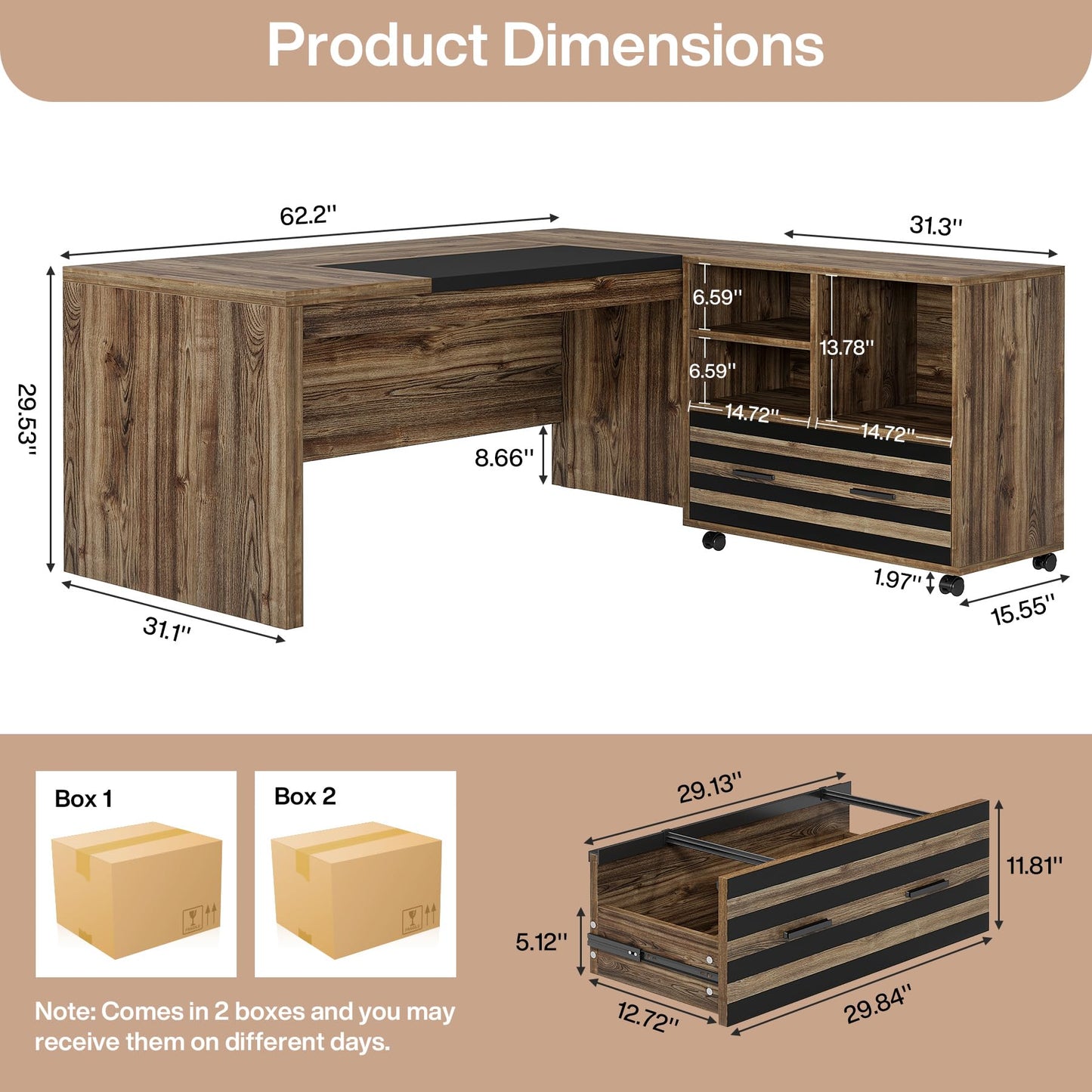 Tribesigns 62.2" Executive Desk with Mobile File Cabinet, L-Shaped Office Desk with Storage Shelves, Large Computer Workstation for Home Office, Light Brown