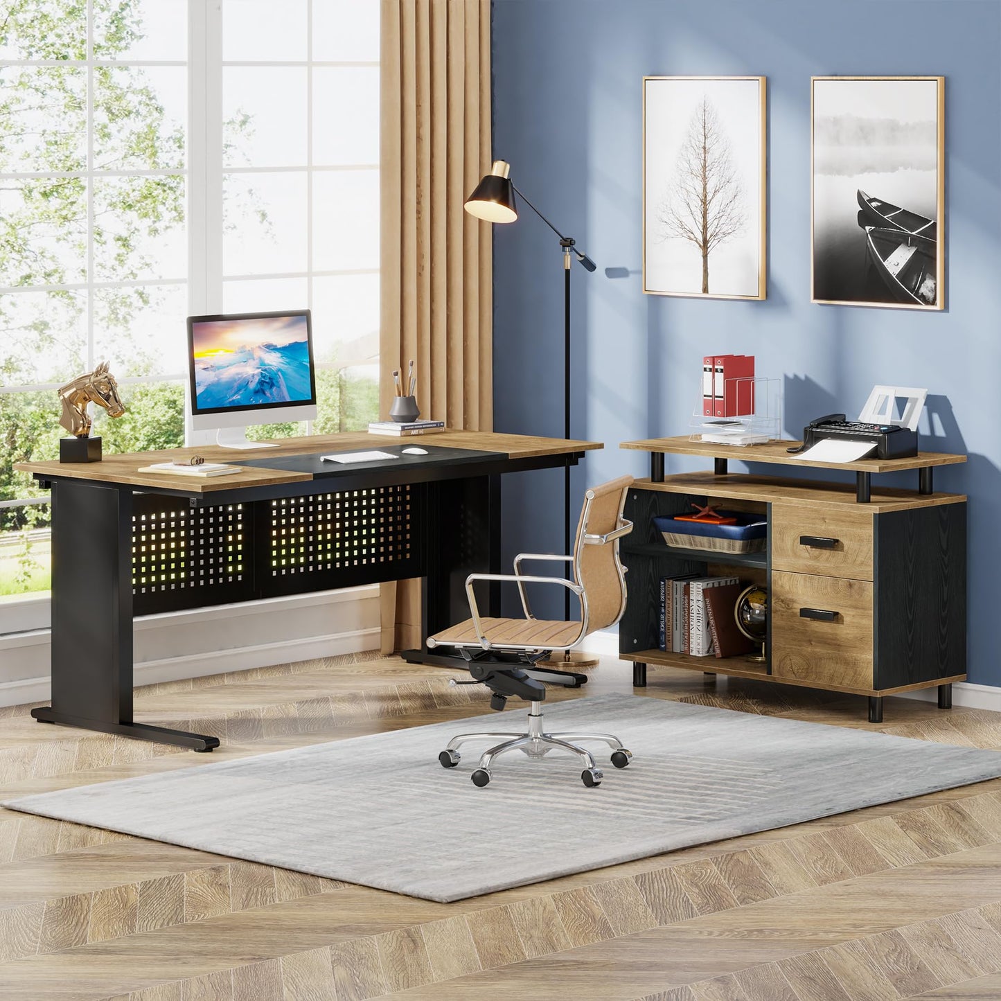 Tribesigns 63 Inch Executive Desk with File Cabinet, Large Office Desk L Shaped Computer Desk with Drawers and Storage Shelves, Business Furniture Desk Workstation for Home Office, Brown and Black
