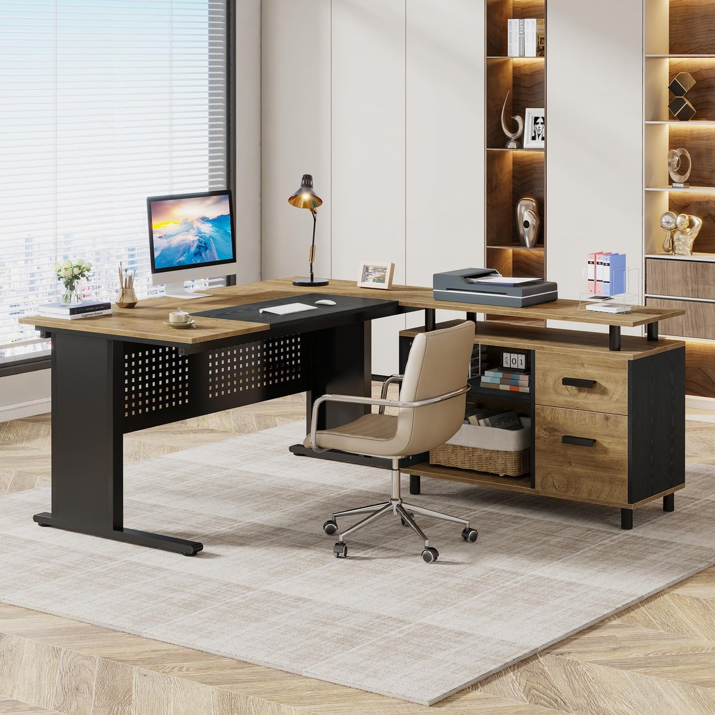 Tribesigns 63 Inch Executive Desk with File Cabinet, Large Office Desk L Shaped Computer Desk with Drawers and Storage Shelves, Business Furniture Desk Workstation for Home Office, Brown and Black