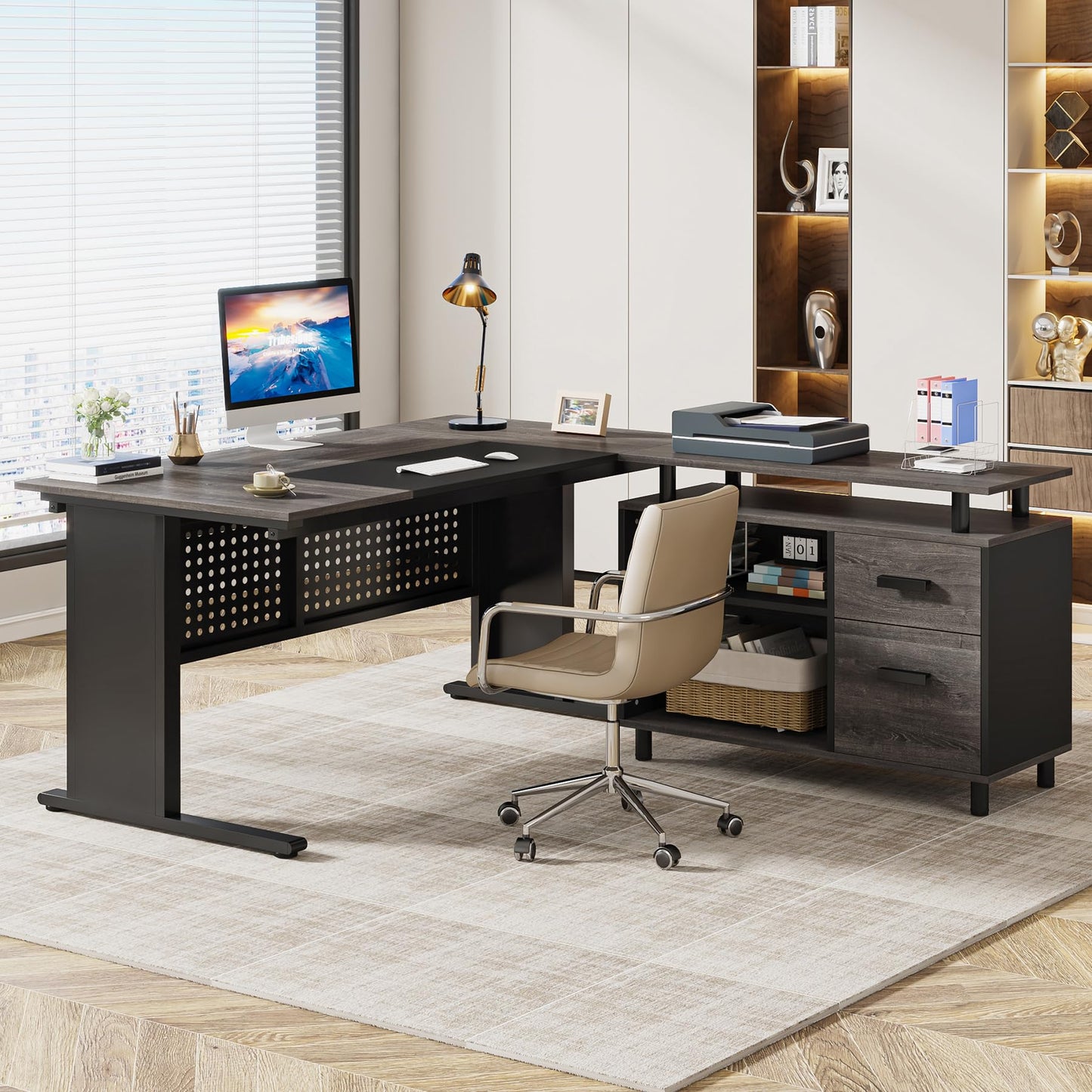 Tribesigns 63 Inch Executive Desk with File Cabinet, Large Office Desk L Shaped Computer Desk with Drawers and Storage Shelves, Business Furniture Desk Workstation for Home Office, Brown and Black