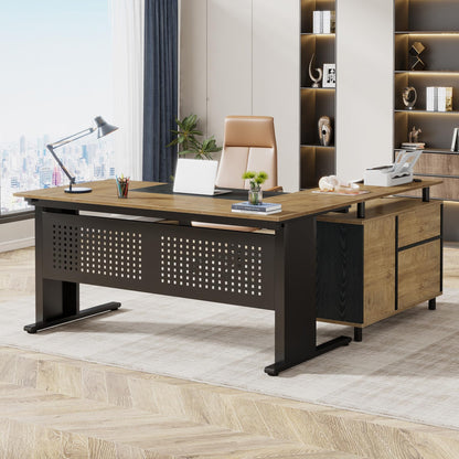 Tribesigns 63 Inch Executive Desk with File Cabinet, Large Office Desk L Shaped Computer Desk with Drawers and Storage Shelves, Business Furniture Desk Workstation for Home Office, Brown and Black