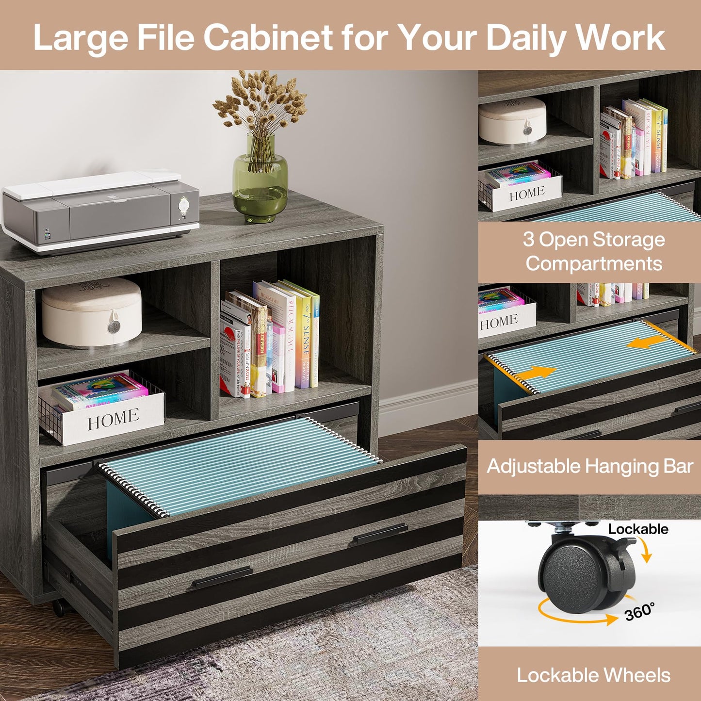 Tribesigns 62.2" Executive Desk with Mobile File Cabinet, L-Shaped Office Desk with Storage Shelves, Large Computer Workstation for Home Office, Light Brown