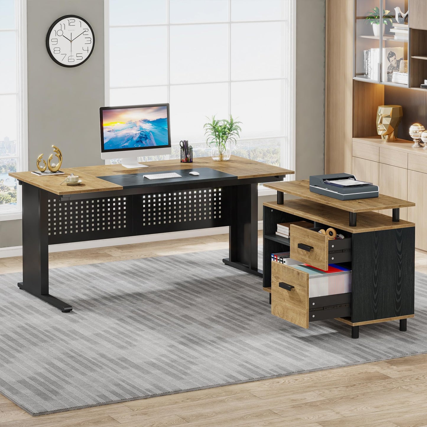 Tribesigns 63 Inch Executive Desk with File Cabinet, Large Office Desk L Shaped Computer Desk with Drawers and Storage Shelves, Business Furniture Desk Workstation for Home Office, Brown and Black