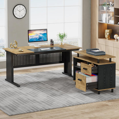 Tribesigns 63 Inch Executive Desk with File Cabinet, Large Office Desk L Shaped Computer Desk with Drawers and Storage Shelves, Business Furniture Desk Workstation for Home Office, Brown and Black