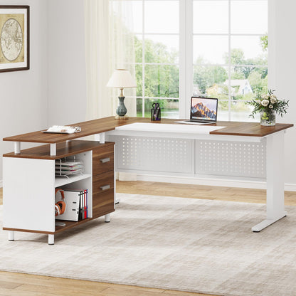 Tribesigns 63 Inch Executive Desk with File Cabinet, Large Office Desk L Shaped Computer Desk with Drawers and Storage Shelves, Business Furniture Desk Workstation for Home Office, Brown and Black