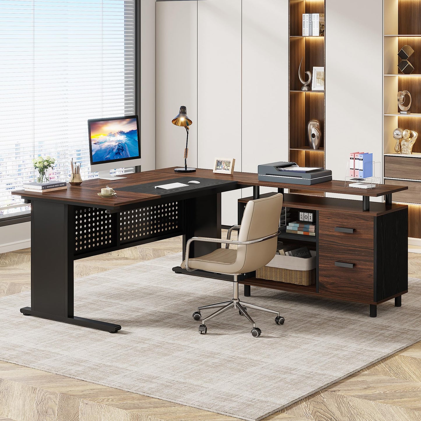 Tribesigns 63 Inch Executive Desk with File Cabinet, Large Office Desk L Shaped Computer Desk with Drawers and Storage Shelves, Business Furniture Desk Workstation for Home Office, Brown and Black