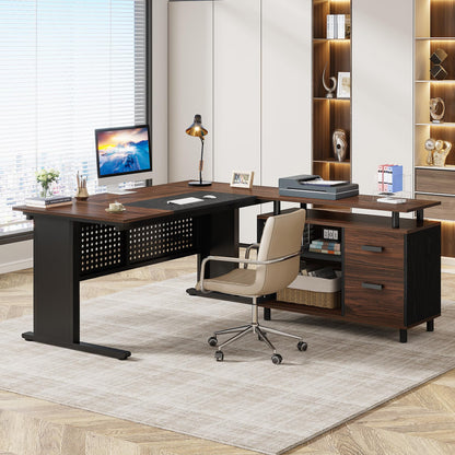Tribesigns 63 Inch Executive Desk with File Cabinet, Large Office Desk L Shaped Computer Desk with Drawers and Storage Shelves, Business Furniture Desk Workstation for Home Office, Brown and Black