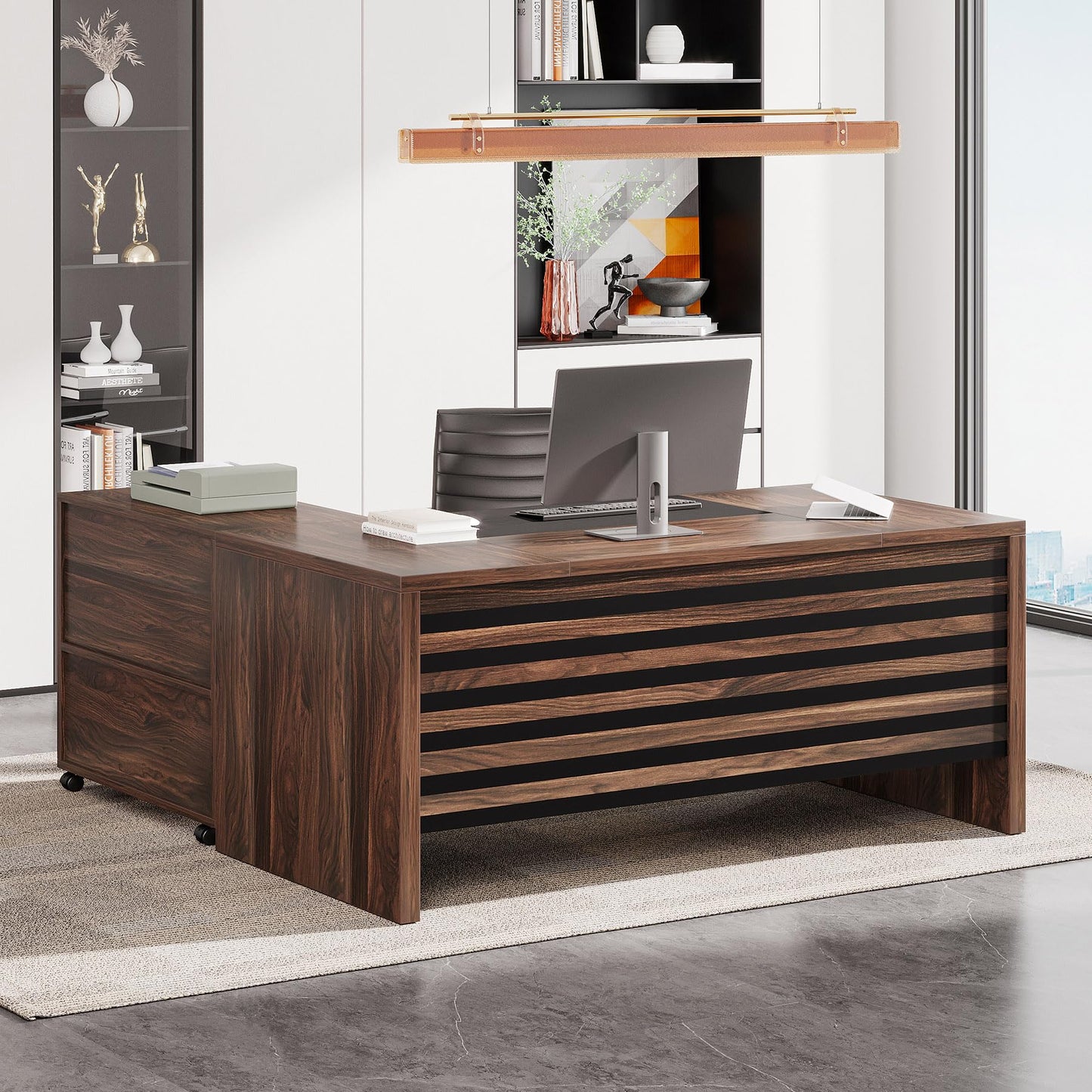 Tribesigns 62.2" Executive Desk with Mobile File Cabinet, L-Shaped Office Desk with Storage Shelves, Large Computer Workstation for Home Office, Light Brown