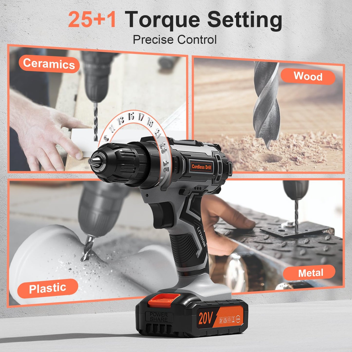 Cordless Drill Set, VIWKO 20V Power Drill with Power Pack 2.0Ah and Charger, 3/8-Inch Keyless Chuck Electric drill, 25+1 Position, 42pcs Drilldriver Bits/Screws for DIY Projects (Orange)