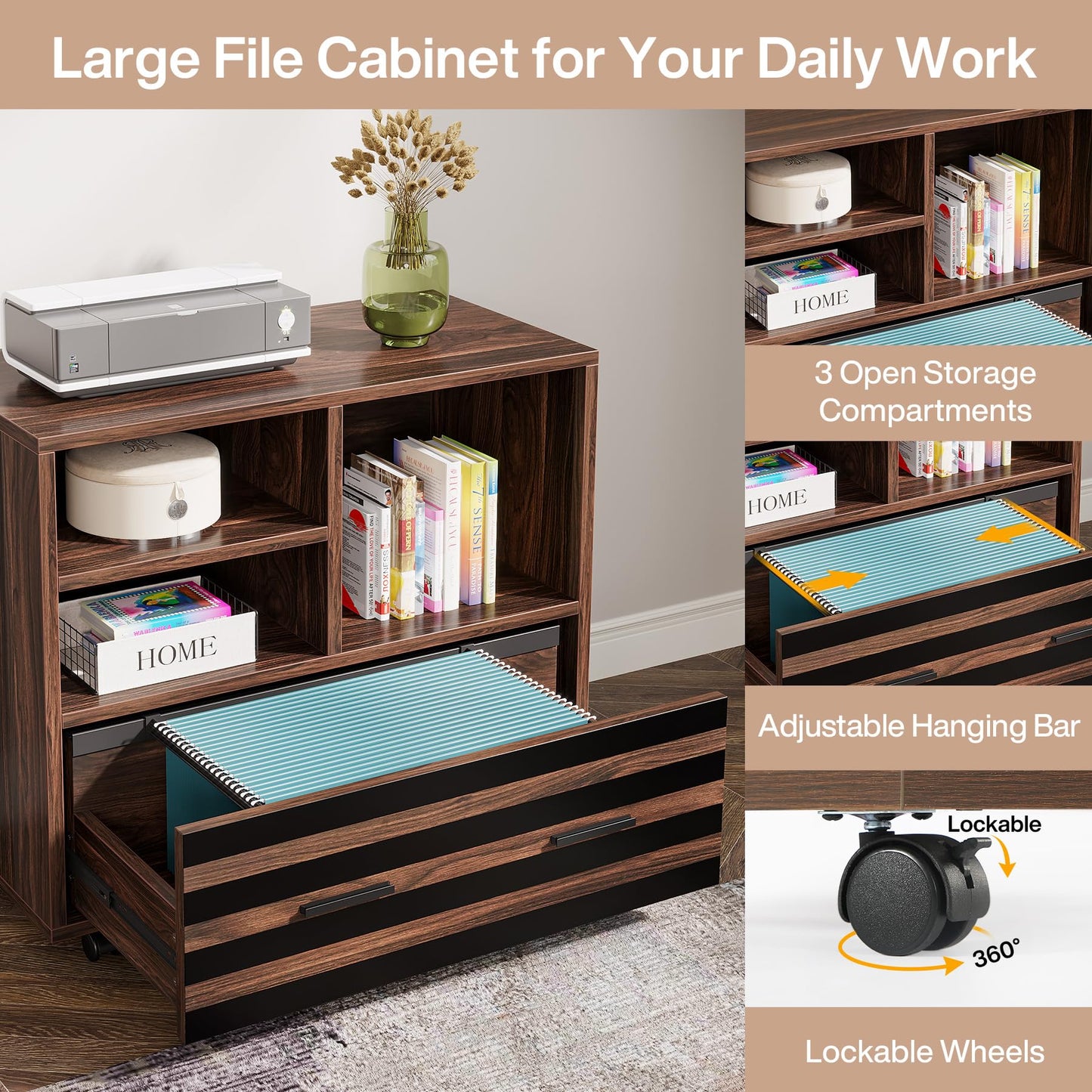 Tribesigns 62.2" Executive Desk with Mobile File Cabinet, L-Shaped Office Desk with Storage Shelves, Large Computer Workstation for Home Office, Light Brown